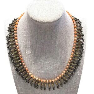 Vintage Coral Bead Fringe Necklace Brass Dangles‎ Salmon Pink Natural Coral Bib